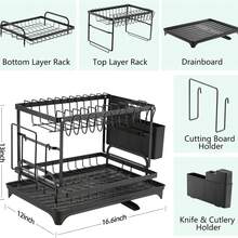 Escurreplatos de acero inoxidable negro de dos niveles para encimera de cocina, con canal de drenaje, soporte integrado para utensilios y tabla de cortar, organizador de vajilla, regalo perfecto para San Valentín. - Negro - Ver 7
