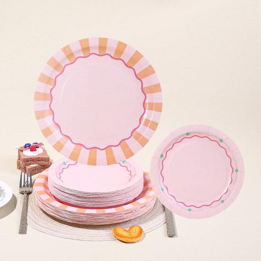 10/20/40/50pcs,Summer Pink Striped West Coast 9inch & 7inch Paper Plates | Bachelorette Party Decorations, Hen Party Supplies,Disposable Orange & Light Pink Striped Cake Paper Plates For Spring Brunch, Birthday Parties And Picnic Tableware - 彩色 - 查看 1