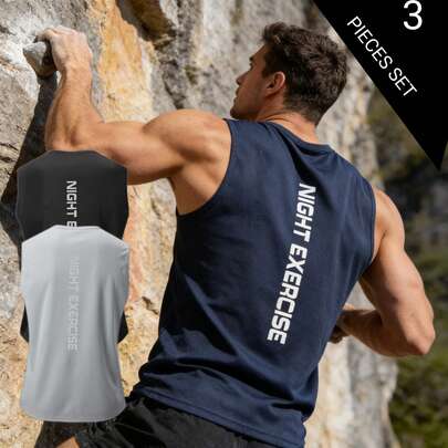 3件装男士无袖运动背心 - 速干条纹装饰健身训练背心