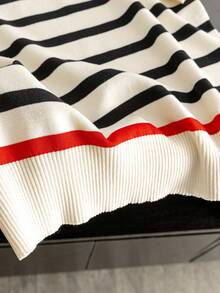 Contrast Stripe Ribbed Embroidery Casual Crew Neck Short Sleeve Knit Top - Champagne - View 5