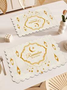 Set Of 1/4/6 Pieces, Ramadan Series, Eid Mubarak, 12*18 Inch Arched Patterned Frame With Star And Crescent Symbols, Hanging Multiple Golden Hollow Lanterns, Decorated With Golden Star Patterns, Festive Greeting Pattern Printed Polyester-Linen Placemats, Table Mats, Heat-Resistant Mats, Kitchen Decorative Mats, Western-Style Dining Table Mats, Table Decoration - Multicolor - View 1