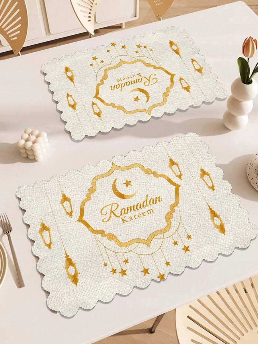 Set Of 1/4/6 Pieces, Ramadan Series, Eid Mubarak, 12*18 Inch Arched Patterned Frame With Star And Crescent Symbols, Hanging Multiple Golden Hollow Lanterns, Decorated With Golden Star Patterns, Festive Greeting Pattern Printed Polyester-Linen Placemats, Table Mats, Heat-Resistant Mats, Kitchen Decorative Mats, Western-Style Dining Table Mats, Table Decoration - Multicolor - View 1