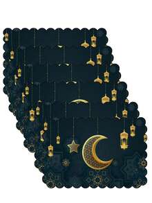 热销 1/4/6 件套开斋节斋月波浪边餐垫套装 | 12*18 英寸黑金月亮图案，适用于餐桌、餐厅、生日派对和用餐装饰，亚麻材质，可手洗和机洗 - 彩色 - 查看 8