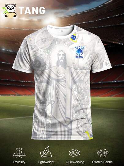 Edición especial de la camiseta de fútbol de hombre de la estatua de Brasil y top deportivo de cuello redondo cómodo, adecuado para partidos, entrenamiento de fútbol, uso casual y de vacaciones, regalo
