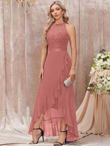 MIUSOL Rochie maxi cu imprimeu floral și volane, cu imprimeu petecă - Roz praf - Vizualizare 5