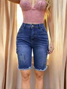 Women's Fashion Denim Cargo Shorts, Straight Leg, Frayed Hem, Medium Stretch, Casual Wear - Royal Blue - View 6