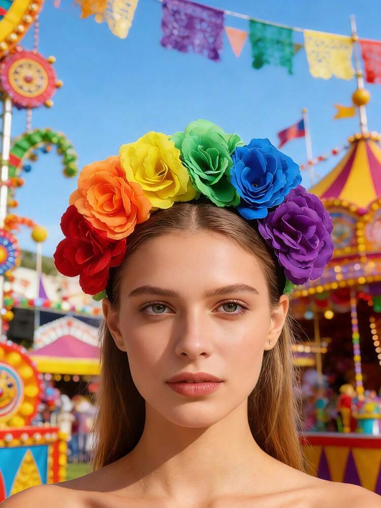 1 pieza Diadema con flor arcoíris colorida, accesorio llamativo para vacaciones y fiestas, dulce y enérgico para sesiones de fotos - Multicolor - Ver 1