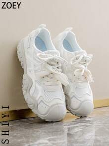 2025春夏秋冬新款厚底运动鞋，女士透气网面白色鞋，百搭休闲运动鞋 - 米色 - 查看 5