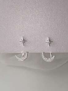 Minimalist Zirconia Moon & Star Dual-Wear Earrings, Petite & Fashionable Earrings With Luxurious Vibe, Suitable For Outings, Gatherings, Parties, New Year, Valentine's Day, Mother's Day, Ramadan, And Various Festivals - Silver - View 2