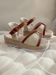 Girl's Woven Wedge Sandals With Ankle Strap & Rhinestone Buckle - Beige - View 6
