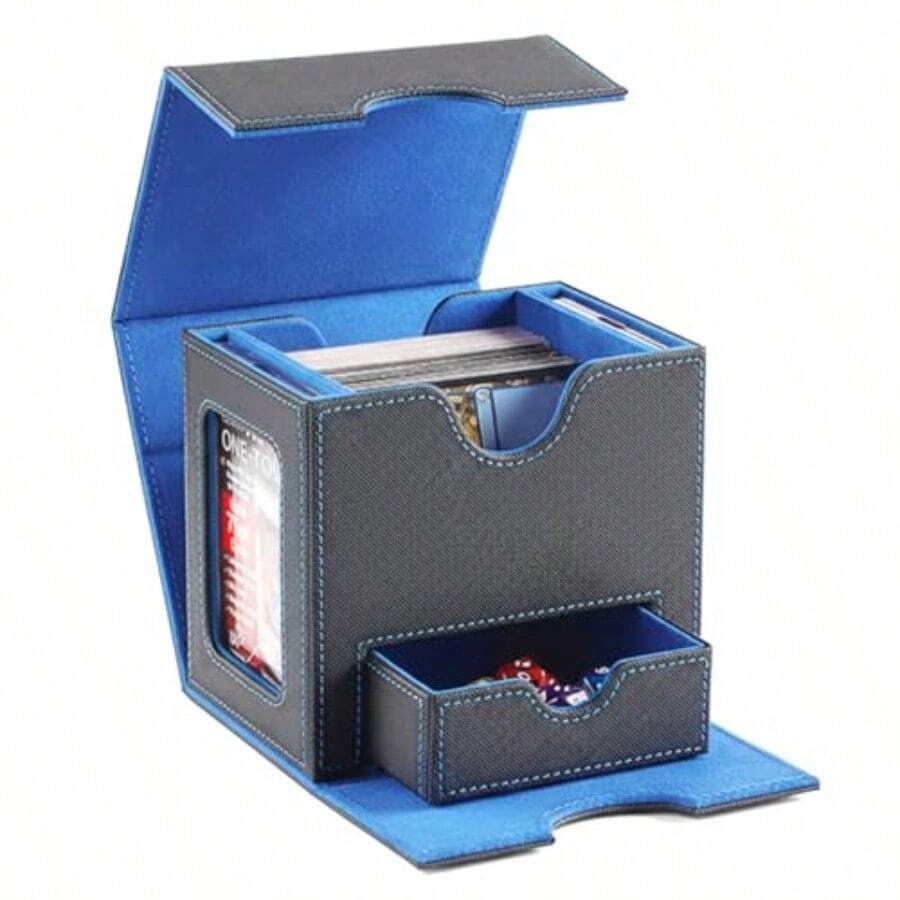 Caja De Cartas Para MTG Commander MTG Deck Box Con 2 Escaparate Commander para 100 cartas con doble funda 2 compartimento para un protector rígido de 35pt 1 cajón para dados Azul - Azul - Ver 1