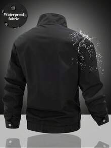 Men's Stand Collar Jacket With Double Zipper Pockets And Metal Button Flap Design, Casual Outdoor Jacket With Full Zip Closure And Ribbed Cuffs - Black - View 3