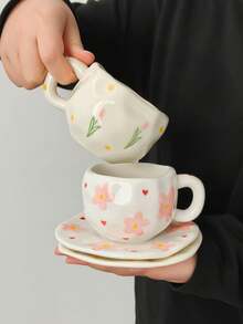 一套花卉图案陶瓷咖啡杯碟，欧式简约风格陶瓷杯碟，咖啡杯碟，手绘简约杯碟，家用早餐牛奶杯，咖啡杯，果汁杯，水杯，下午茶杯，礼品杯 - 彩色 - 查看 5