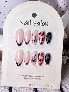 10 Pieces Handmade Almond-Shaped False Nails With Amber Smudge, Brown French Tips, Polka Dots And Bows. Features Hand-Painted Amber Smudge And Brown Bows, Along With Handcrafted Brown French Tips And White Polka Dots. These Elegant, Romantic And Minimalist Press-On Nails Boast A High-End, Sexy And Light-Luxury Style. Perfect For Daily Wear, Dates, Concerts And Light Business Occasions, They Make An Excellent Gift For Women And Girls. - Multicolor - View 11