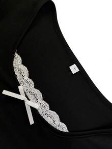 女士U领短袖T恤，新款夏季蕾丝边设计，休闲百搭时尚修身露脐上衣 - 黑色 - 查看 5