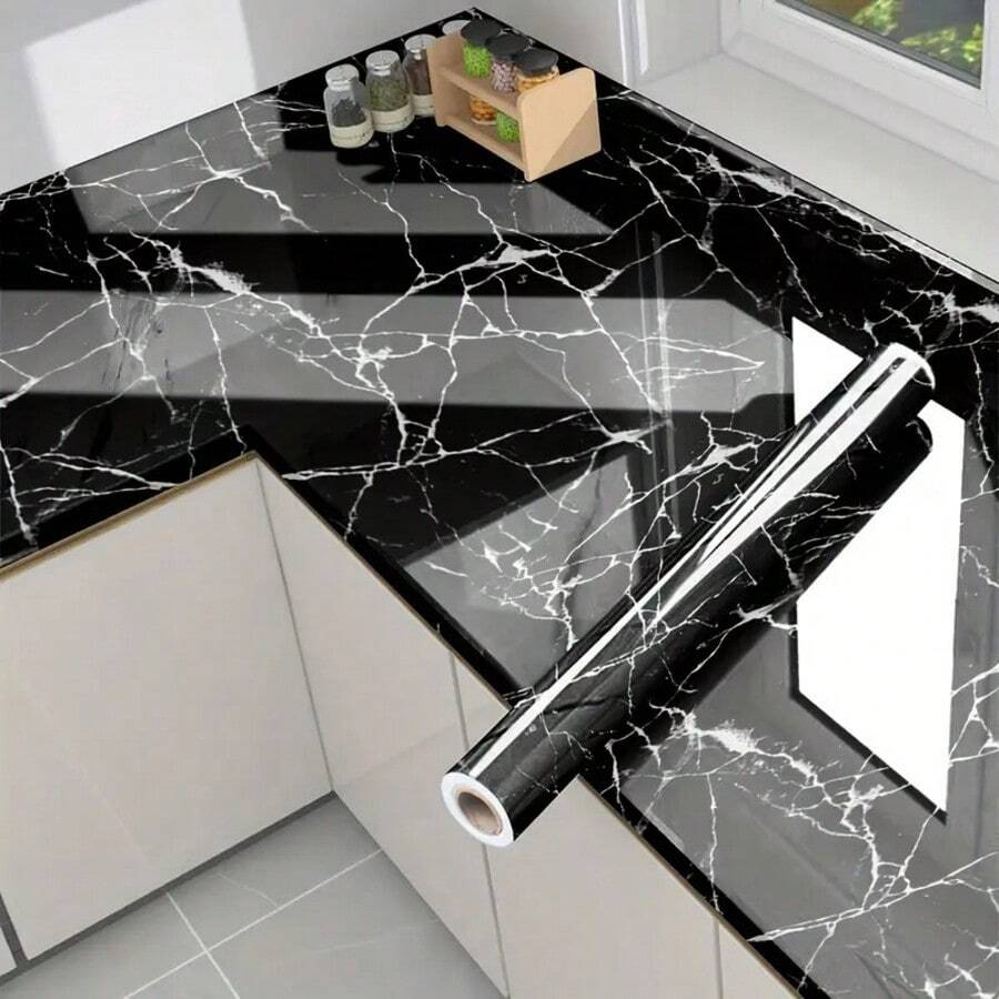 1 Roll Marble Contact Paper, Peel And Stick Wallpaper For Kitchen Cabinets, Countertops, Walls, 15.74 Inches X 393.7 Inches - Black - View 1