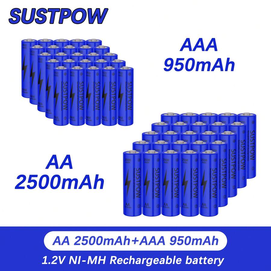 SUSTPOW Baterai Isi Ulang AA/AAA NI-MH NiMH untuk Mainan/Remote Control/Kamera/Alat Cukur, Daya Tahan Siklus Tinggi, Paket Kombinasi Multi-Bagian, Penting untuk Rumah dan Kantor - A A - View 1