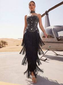 New Sexy Sleeveless Backless Bodycon Maxi Dress With Luxurious Rhinestone Decor, Asymmetrical Fringed Hem, Elegant For Women's Party, Wedding, Bridesmaid, Banquet - Black - View 5