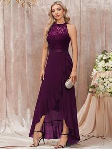 MIUSOL Floral Lace Patchwork Ruffle Neck Elegant Evening Maxi Dress Wedding Spring Party - Maroon - View 6