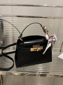 Crocodile Embossed Scarf Decor Flap Cover Handbag, Solid Color Embossed Tote Bag With Fashionable Metal Lock Decor, Mini Shoulder Crossbody Bag For Home, Shopping, Commuting - Black - View 9