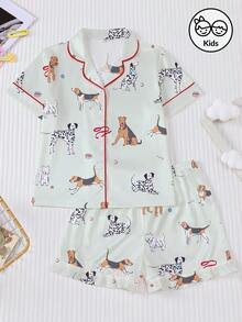 2件套可爱斑点狗印花少女短袖短裤睡衣套装，儿童卡通睡衣，新款阻燃翻领短袖上衣，宽松弹力腰短裤，柔软舒适家居服，适合室内外穿着，少女及青少年狗狗印花短袖睡衣套装