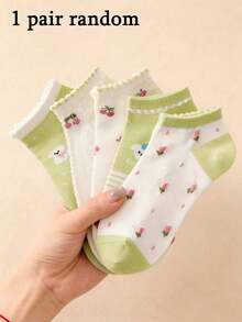 1/5 Pairs Women Ruffle Trim Cherry Ditsy Floral Solid Color Low Cut Socks - Sweet & Cute, Comfortable & Soft, Casual For Daily Wear, Party, Travel, Home, Business, College Style
