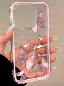 1pc Fashionable Pink Butterfly & English Text Pattern Personalized Frame Transparent Shockproof TPU Phone Case Compatible With IPhone 11 12 13 14 15 16 17 Pro Max - Multicolor - View 2