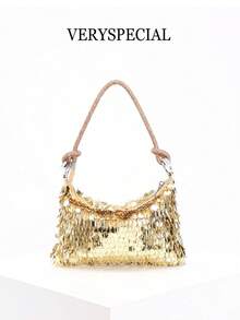 Ladies,Women Evening Bags, Shoulder Bag, Hobo Bag, Fashionable, Luxury, Diamonds, Blingbling , Silver, Sequins, Beads, Armpit Bag, Sequined Tassel Bag, High-End, Fashionable,For Cocktail Party, Party, Prom, Club, Date, Birthday, Evening, Date Nigh, Banquet - Gold - View 2