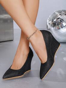 Ladies' New Spring And Summer Sparkling Sequin Pointed Toe Commuter Shoes, Wedge Heel Elegant High Heels, Suitable For Parties Or Office Occasions - Black - View 5
