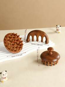 2 buc/set pieptene de masaj pentru cap cu dinți aspri din lemn de santal natural, pieptene rotund pentru masajul scalpului cu dinți lați, instrument mic pentru masaj facial, perie de păr unisex compactă și portabilă - Maro - Vizualizare 2