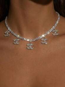 Sparkly Rhinestone Choker Necklace For Women, Silver Tone Double Row Tennis Chain With Crystal Dangling Charms, Bling Y2K Statement Jewelry For Wedding Party Prom Gift - Multicolor - View 1