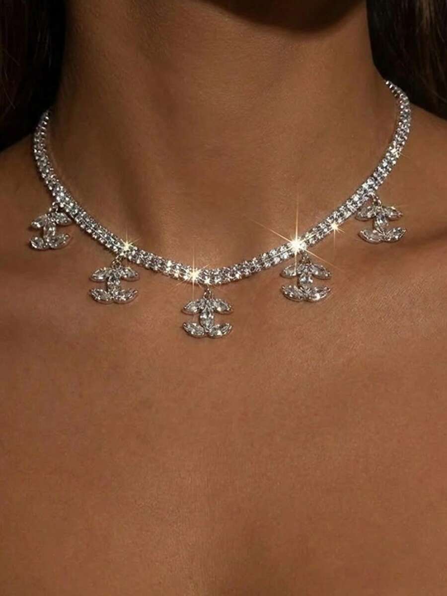 Sparkly Rhinestone Choker Necklace For Women, Silver Tone Double Row Tennis Chain With Crystal Dangling Charms, Bling Y2K Statement Jewelry For Wedding Party Prom Gift - Multicolor - View 1