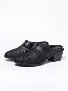 Black Mesh Patchwork Mid-Heel Round Toe Women's Sandals, Half-Slip Breathable Versatile Comfortable Summer Beach Resort Casual Office Commute Daily Wear Shoes - Black - View 5