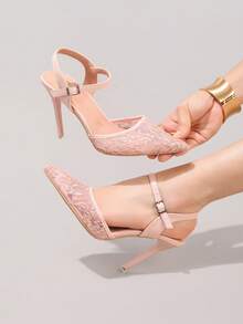 时尚蕾丝刺绣高跟鞋，性感尖头晚宴派对鞋，超高跟踝带鞋，细高跟，粉色女士凉鞋 - 粉色 - 查看 6