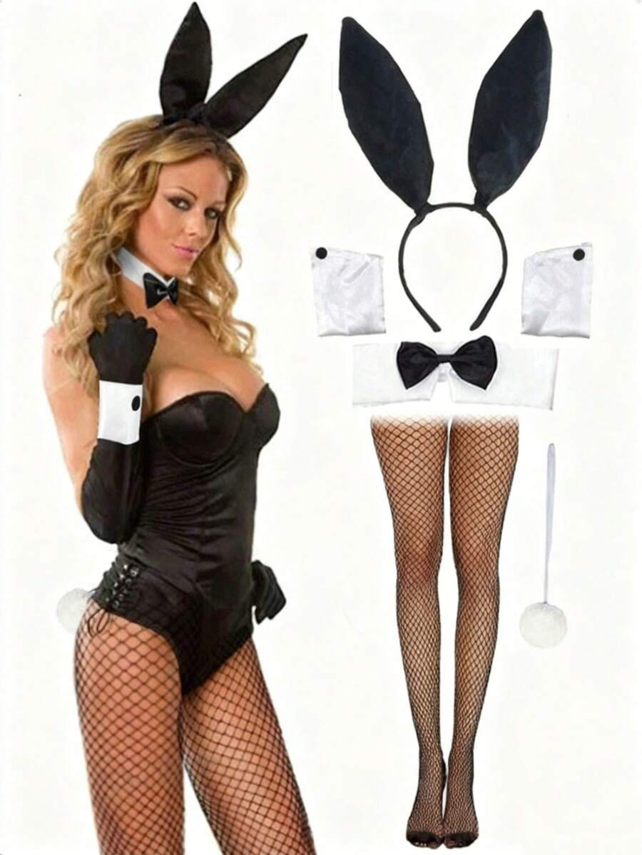 1/5/6 Set Of Women's Easter Bunny Role-Playing Costume Accessories - Rabbit Ear Headbands, Bow Ties, Cuffs, Rabbit Tails, Fishing Net Socks - Women's Style - Suitable For Halloween, Role-Playing Conventions, Theme Parties And Costume Events - Multicolor - View 1