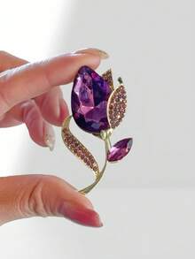 1pc Vintage Purple Crystal Tulip Flower Brooch Pin, Suitable For Daily Wear - Multicolor - View 1