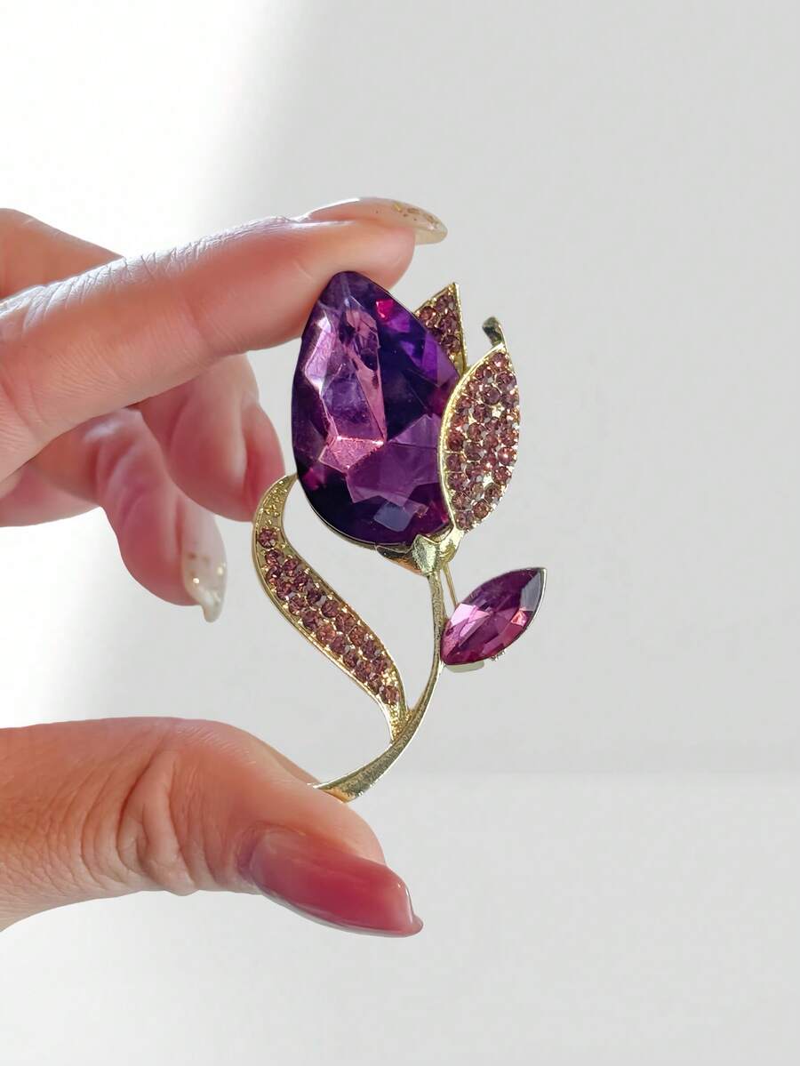 1pc Vintage Purple Crystal Tulip Flower Brooch Pin, Suitable For Daily Wear - Multicolor - View 1