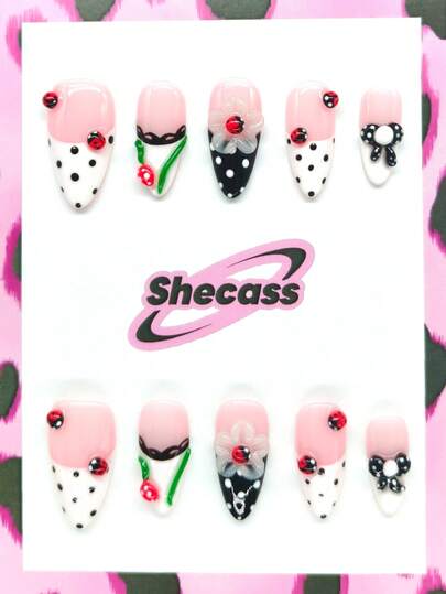 10片手工制作杏仁形假指甲，粉色法式花卉和瓢虫3D美甲装饰，包含3件美甲工具、指甲胶水和配件，适合女性和女孩参加派对、旅行、上学等场合，夏季美甲，旅行、度假、音乐节等。