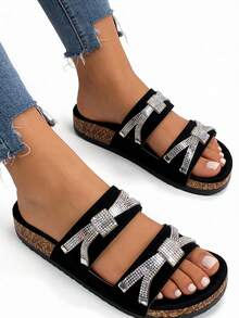 roulvxiang 2026 Nouvelle Conception de Nœud Papillon Pailleté de Strass, Pantoufles Décontractées à Couleur Unie avec Semelle Souple, Sandales d'Été Confortables pour l'Extérieur et la Plage - Noir - Voir 8