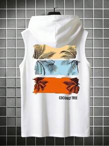 男士休闲无袖连帽衫，饰有英国棕榈树印花 | 精致设计 | 夏季必备 | 时尚百搭，展现您的风格 - 白色 - 查看 4