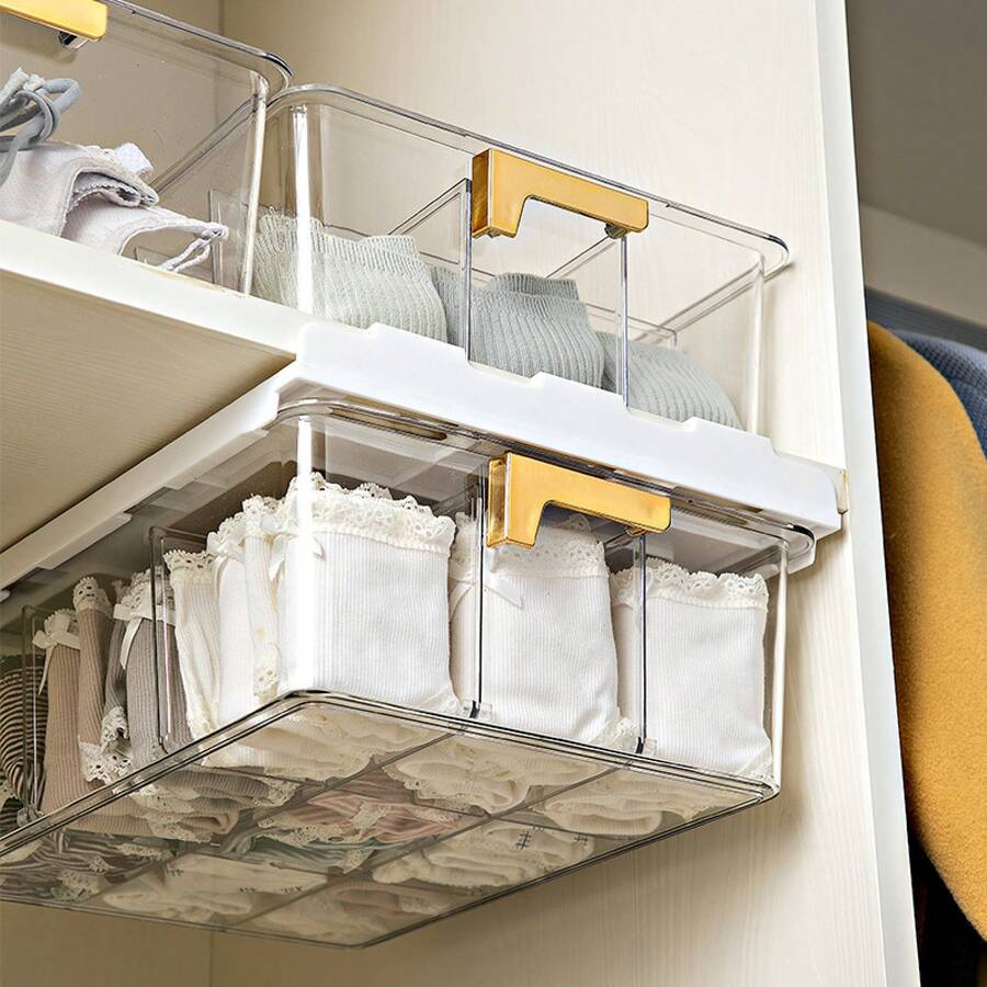 靴下や下着用のスライド式収納ボックスが付いたデスク下の引き出し収納ボックス。工具を使わずに簡単に取り付けられるデザインで、キッチン、バスルーム、オフィスに適しています。透明なデザインです。 - 6307 仕切りなし引き出しタイプ - チェックする 1
