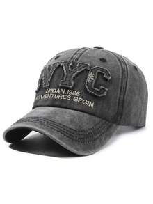 Gorra de béisbol vintage lavada, parche de letras NYC, visera curvada, estilo europeo-americano, para mujer, casual y deportiva, protección solar - Negro - Ver 1