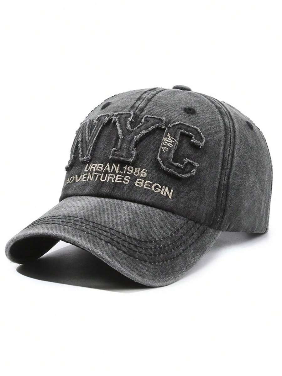 Gorra de béisbol vintage lavada, parche de letras NYC, visera curvada, estilo europeo-americano, para mujer, casual y deportiva, protección solar - Negro - Ver 1