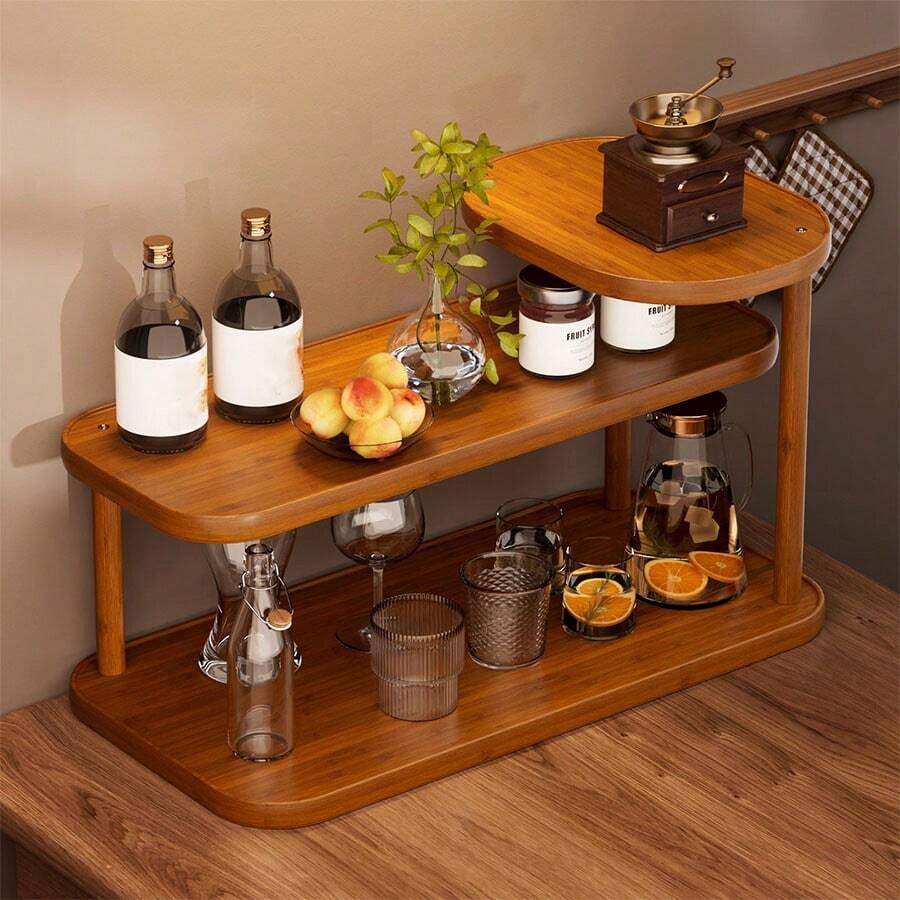 1件装木质多层厨房收纳架，复古风格，大容量餐桌置物架，多功能桌面杯架/酒架，调料收纳架，摆件展示架，实用家居收纳架，适用于厨房、餐厅、客厅、吧台 - 开放式设计 - 彩色 - 查看 1