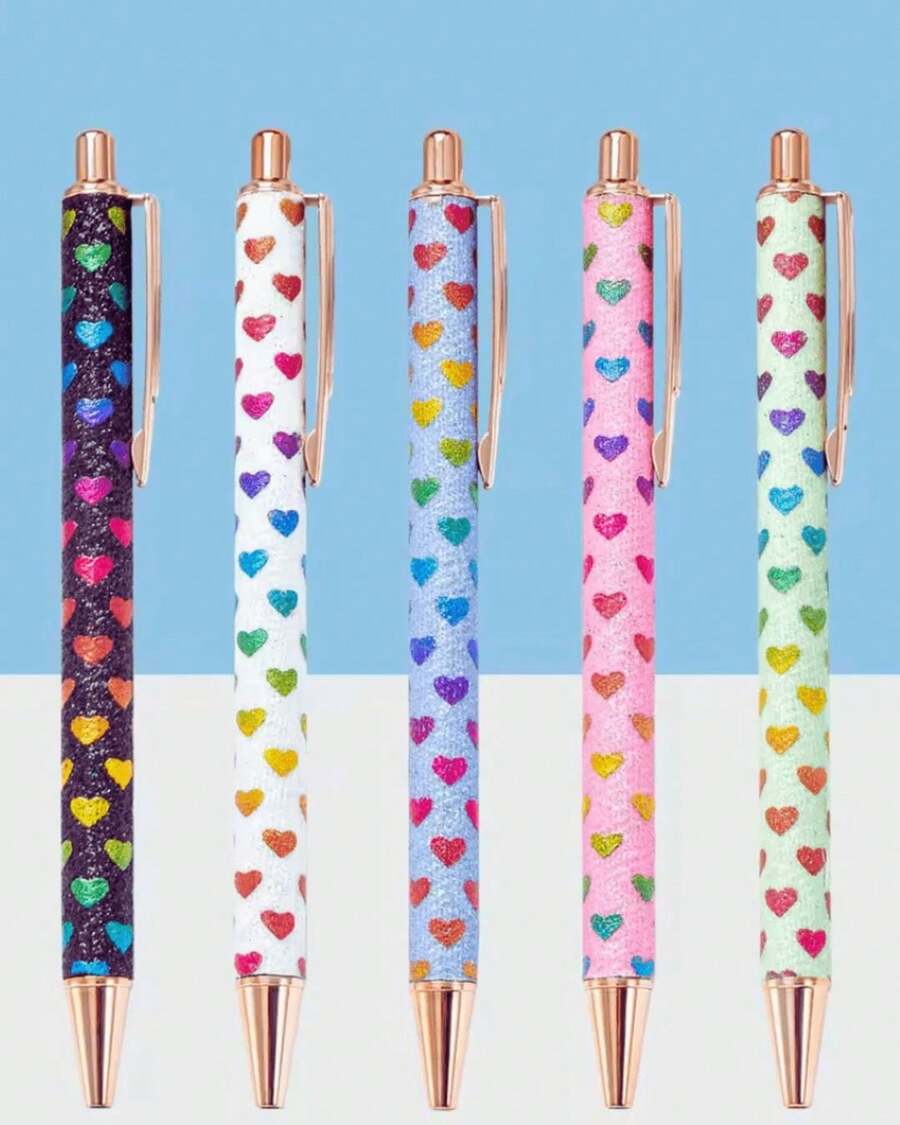 1 Peça Caneta Esferográfica Metálica Glitter Corações Colors - Acabamento Multicolorido com Glitter, Detalhes em Ouro Rosa, Escrita Suave, Adequada para Escritório, Casamento, Assinatura e Presentes - Instrumento de Escrita de Metal Premium de Luxo, Caneta Elegante, Papelaria de Casamento, Exalando Qualidade Luxuosa - Elegante - Visão 1
