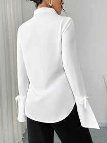 Plus Size Pleated Ribbon Decor Solid Color Long Sleeve Office Shirt White Spring - White - View 4