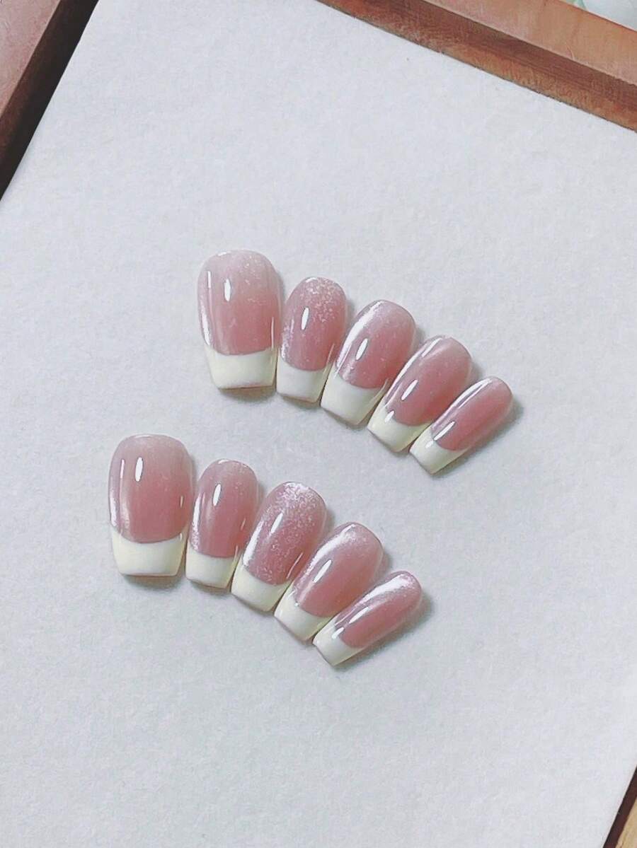 10pcs Handmade Pink Cat Eye Gradient French Tassel Nail Stickers, Minimalist Cute Daily Style, Long Trapezoid False Nails, Suitable For Women, Girls And DIY Nail Art Enthusiasts