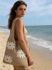 Women's Crossbody Bag, Campus Shoulder Bag, Casual Large Capacity Polyester Knitted Bag, New Hollow Out Knitted Bag Sweet Style Shoulder Bag, Beach Bag