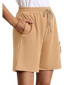Quenteen Women's Sweat Shorts Bermuda Long Shorts Athletic Casual Loose Cotton Shorts (Available In Plus Size)A Valentine's Day 46QM - Vàng nhạt - Xem 8