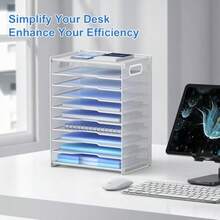 OUTWOLF - Organizador de papel de 10 niveles bandeja para cartas organizador de archivos de escritorio de malla con asas para oficina y escuela color blanco - blanco - Ver 2